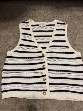 LOFT White and Navy Striped Button Front Knit Vest